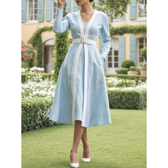 Linen Vibes Midi Linen Dress Long Sleeves Belted French Vintage Sky Blue Med - Picture 1 of 11